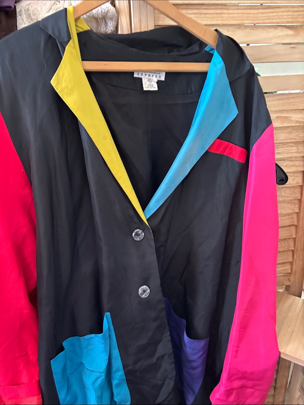 Express Black Colorblock Silk Blazer with Pink, Turquoise & Yellow Accents Large